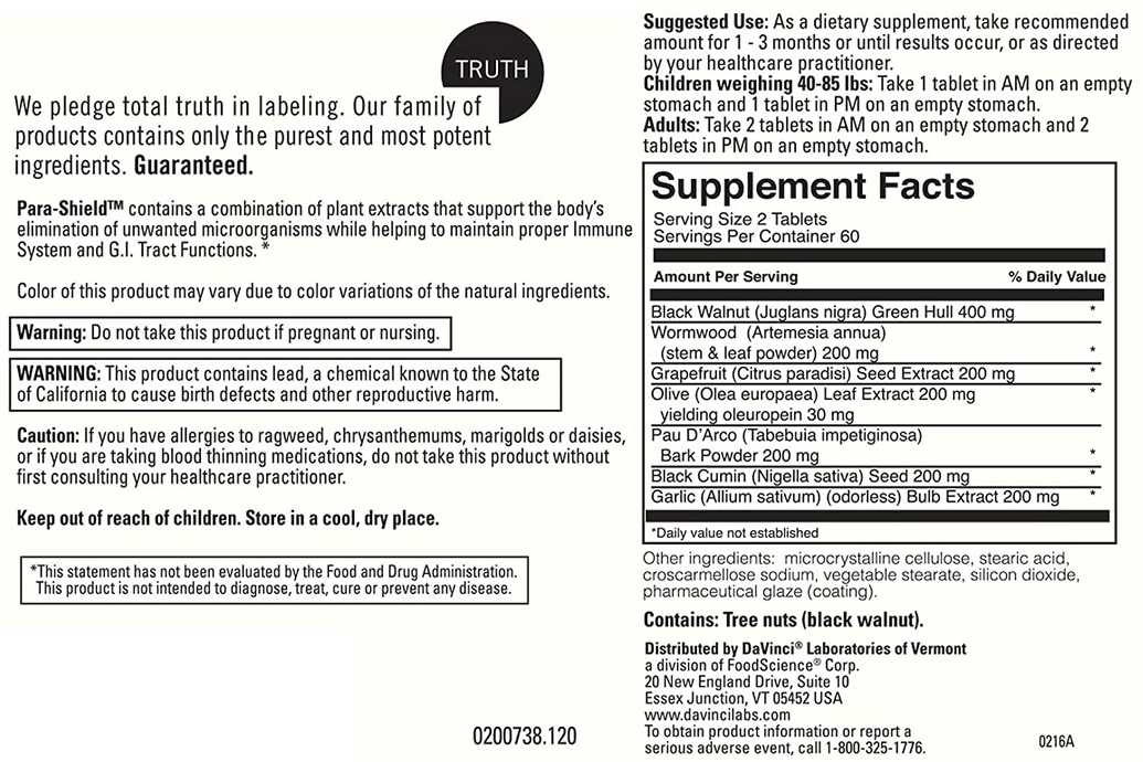 Nutrition label for Para-Shield by DaVinci Labs